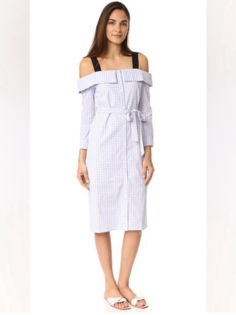 English Factory Blue and White Checked Off-Shoulder Midi Dress